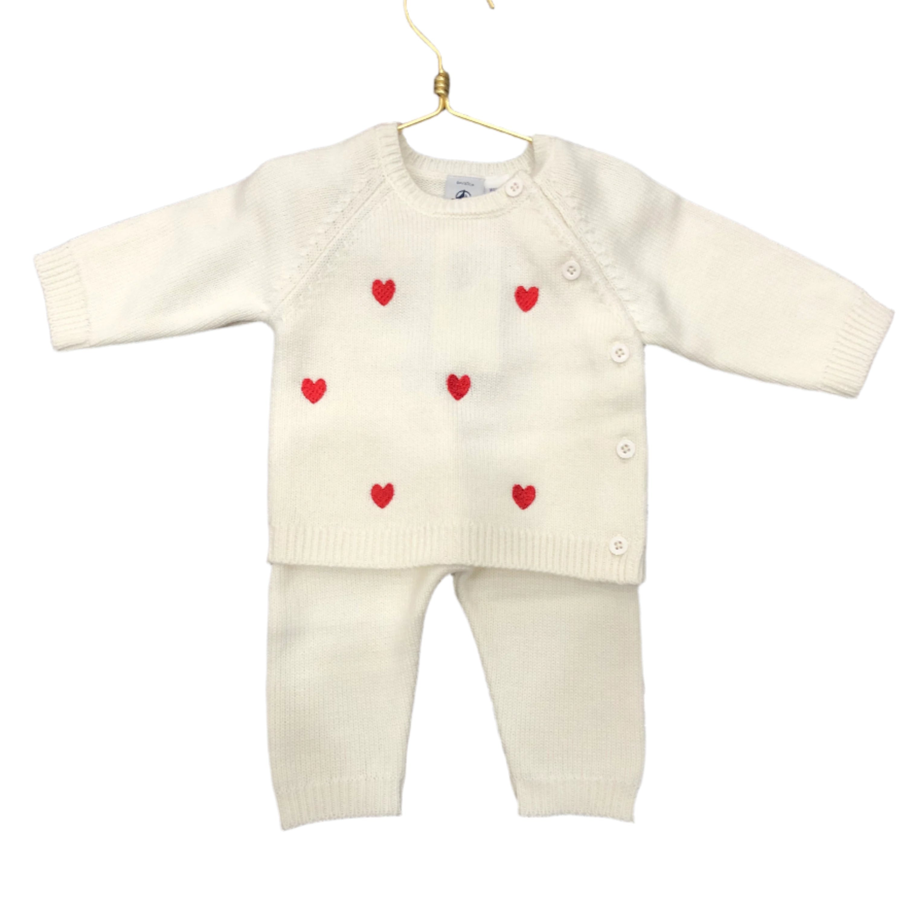 Petit Bateau - Baby Girl 2pc Knit Set Sweater With Hearts and Pant
