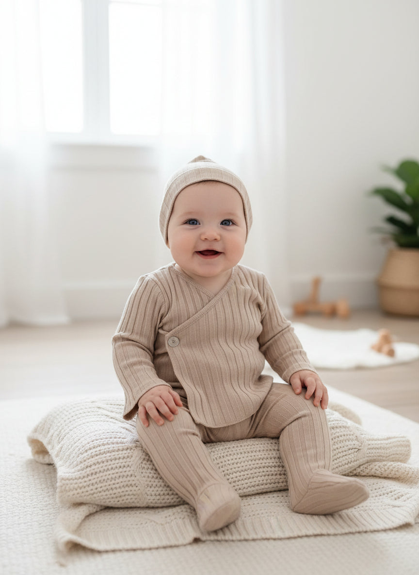 Italian ribbed knit baby set with diamond pearl buttons – Latte