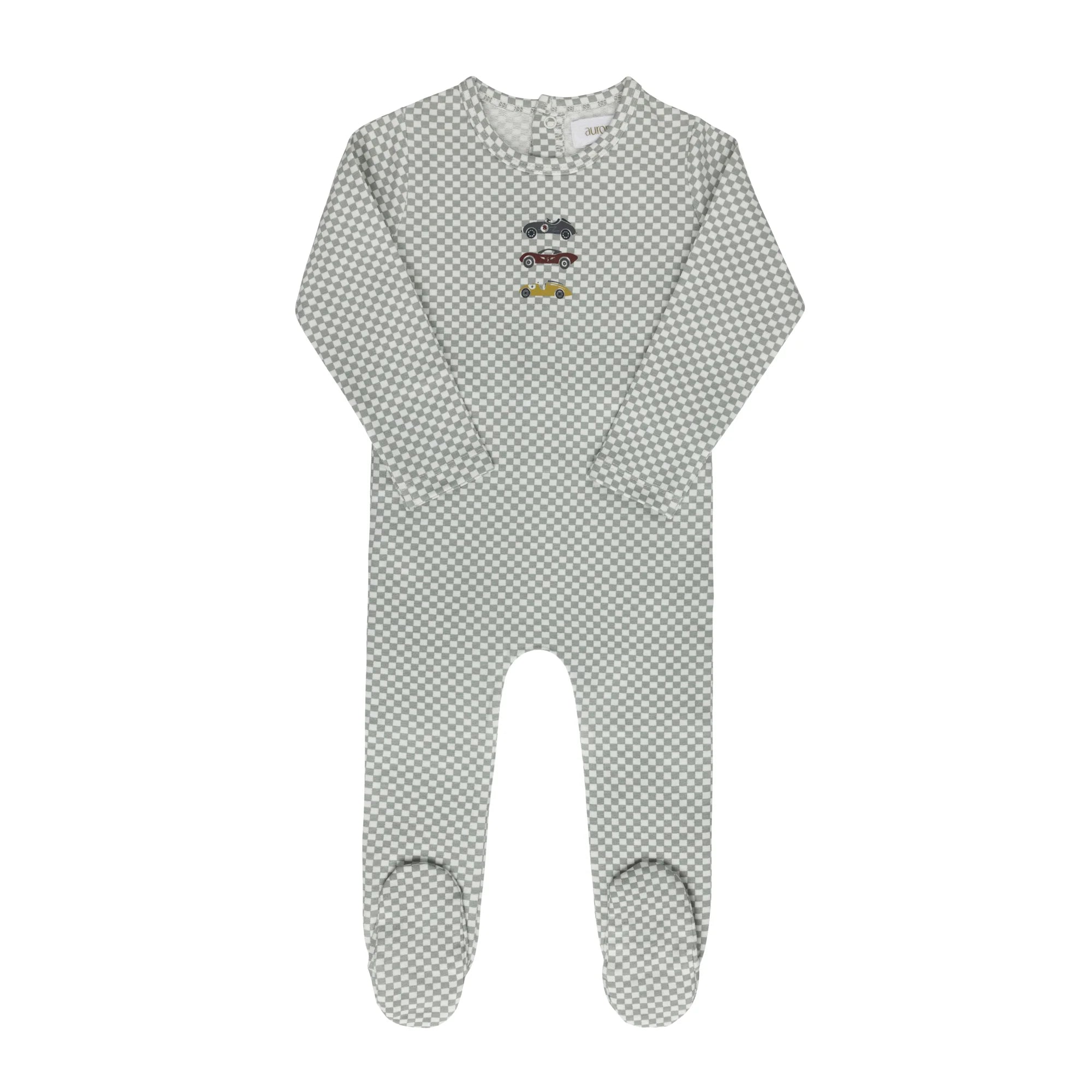 Ely's & Co Jersey Cotton Checked Race Car Collection Footie Soft Cotton Baby Footed Onesie Checked Race Car Print