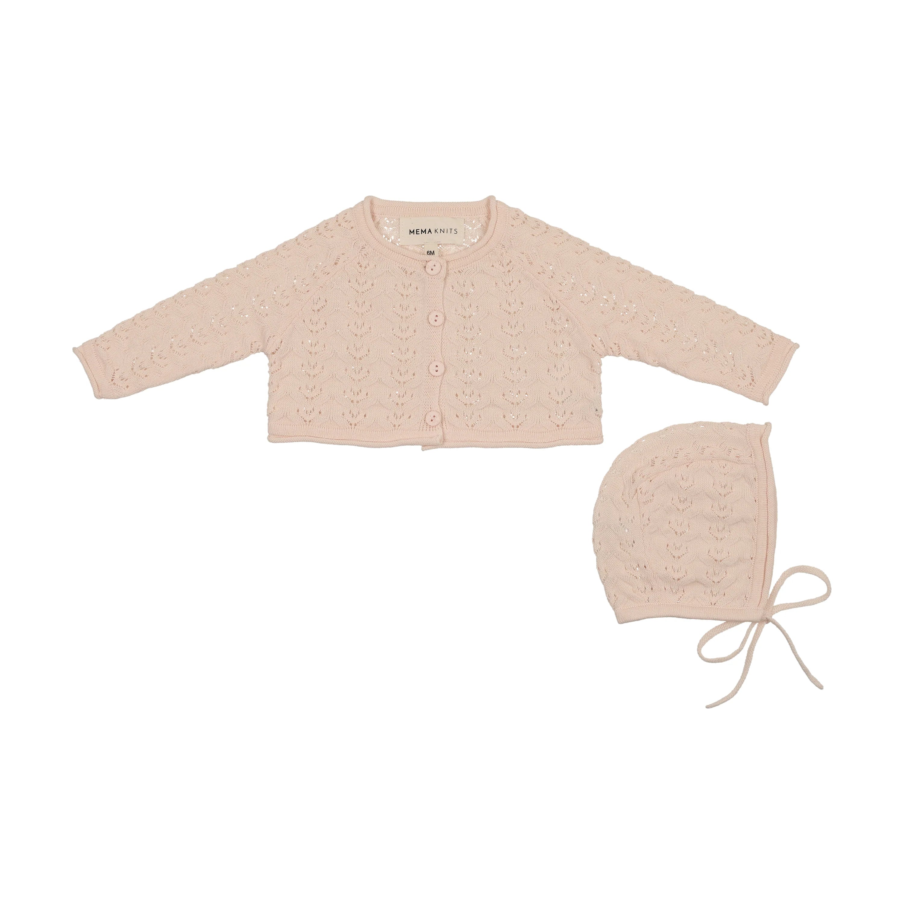 Mema Knits pointelle knit crop cardigan and bonnet set