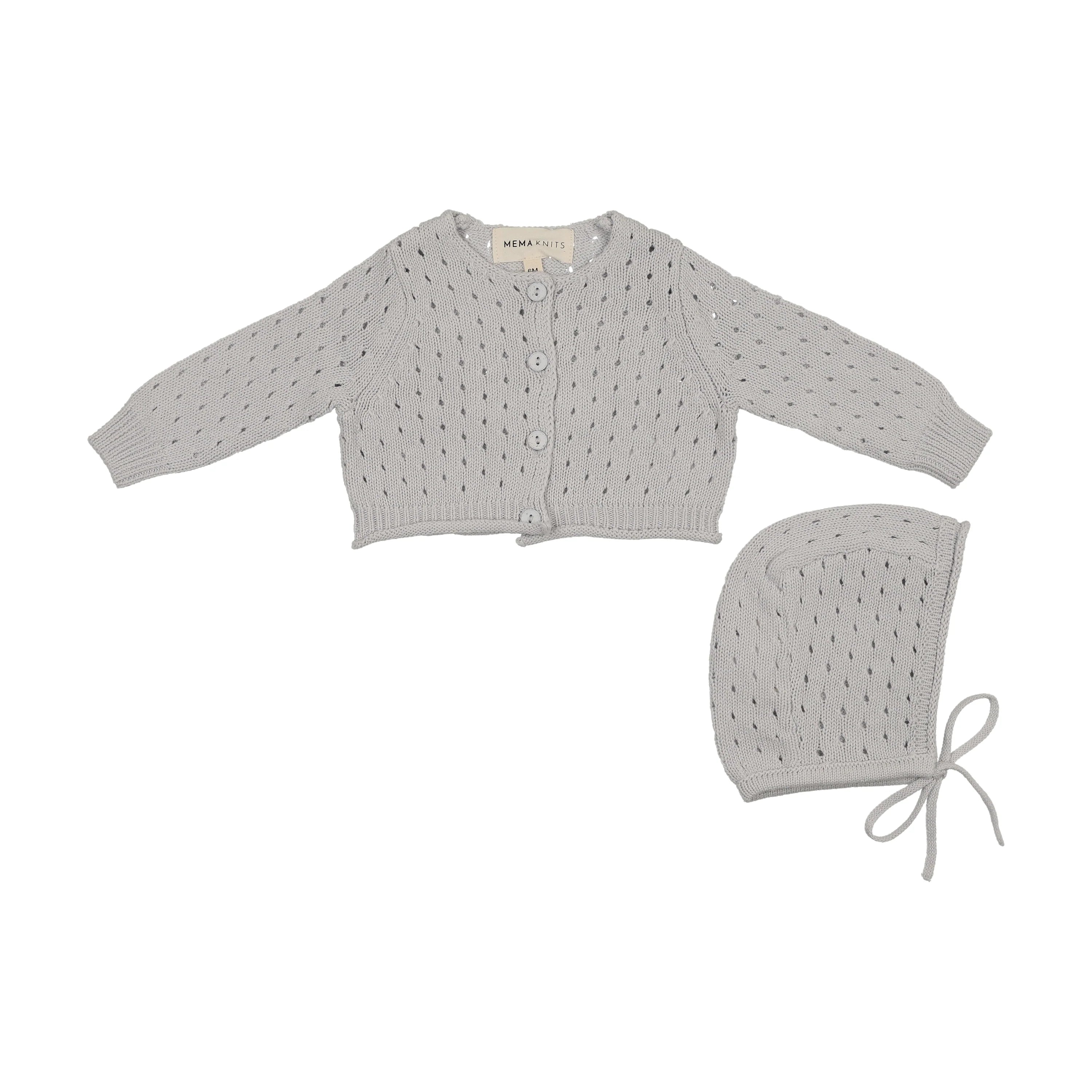 Mema Knits pointelle knit cardigan and bonnet set