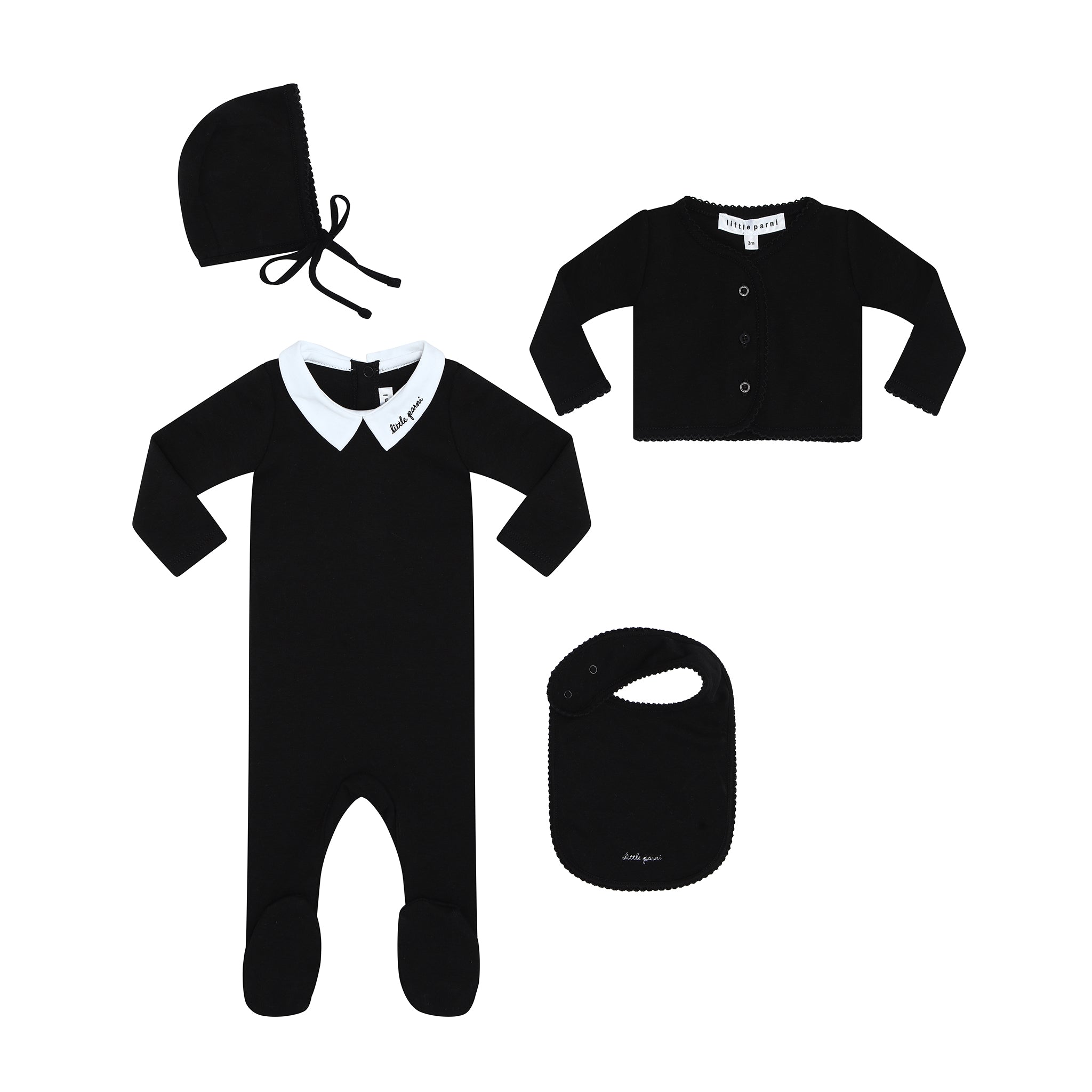 Parni Black Collar Footie with Cardigan + Bonnet