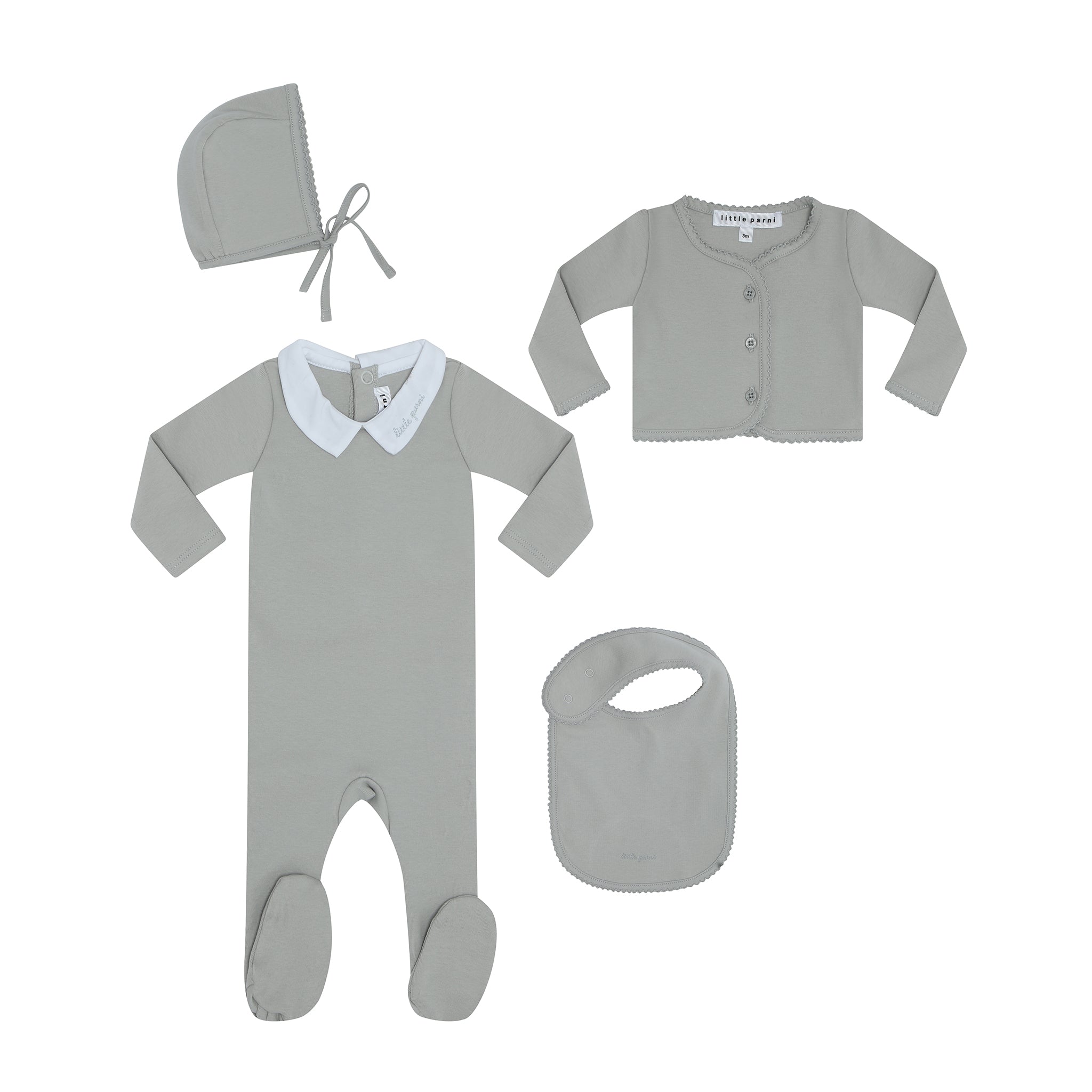 Parni Light Blue Collar Footie with Cardigan + Bonnet