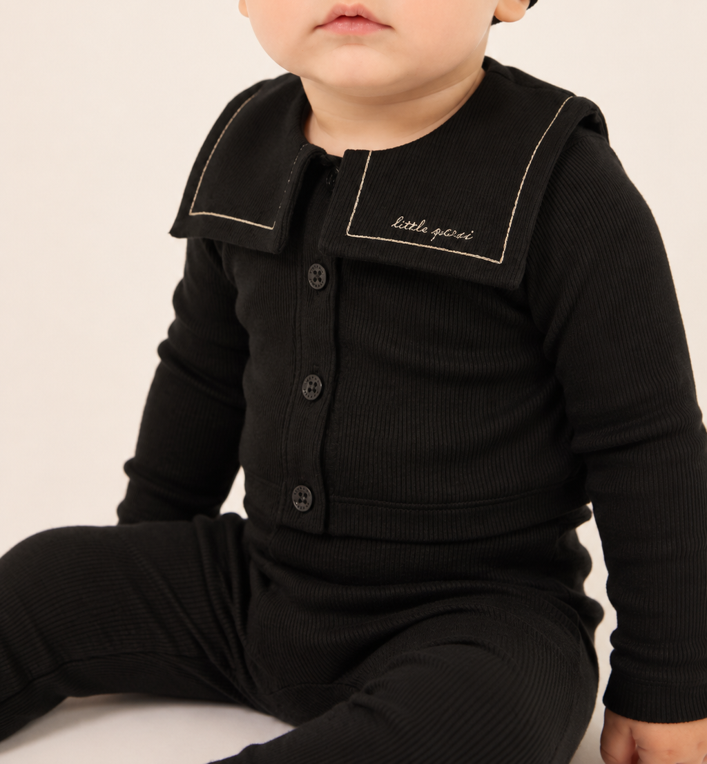 Little Parni – Embroidered Collar Cardigan Set | Black