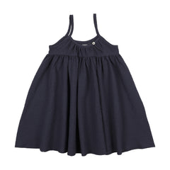 Navy blue dress with thin straps on a white background