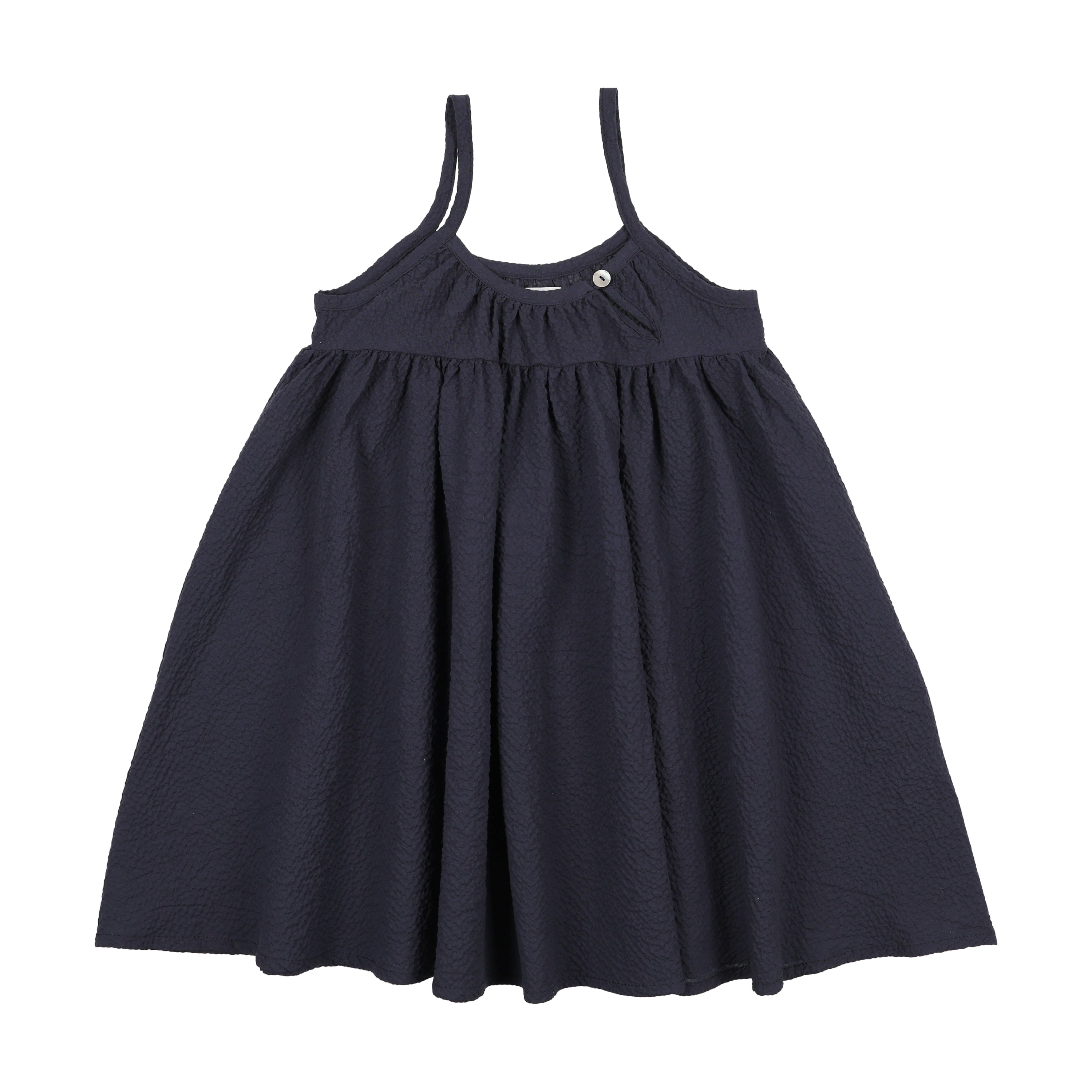 Navy blue dress with thin straps on a white background