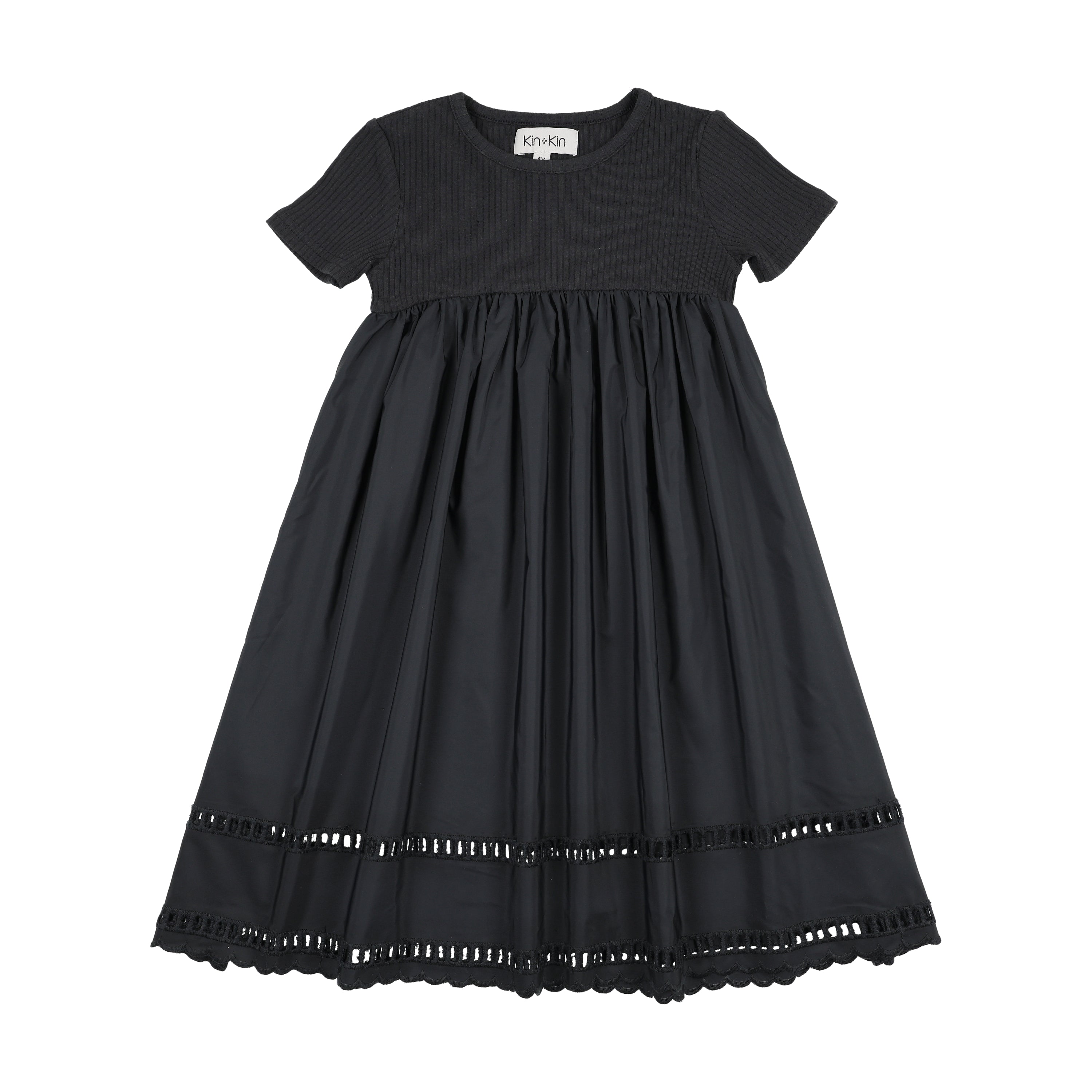 Black dress with lace trim on a white background
