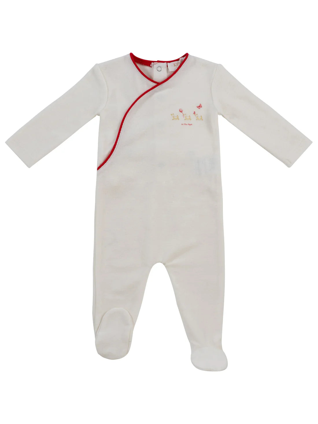 White baby onesie with red trim on a white background