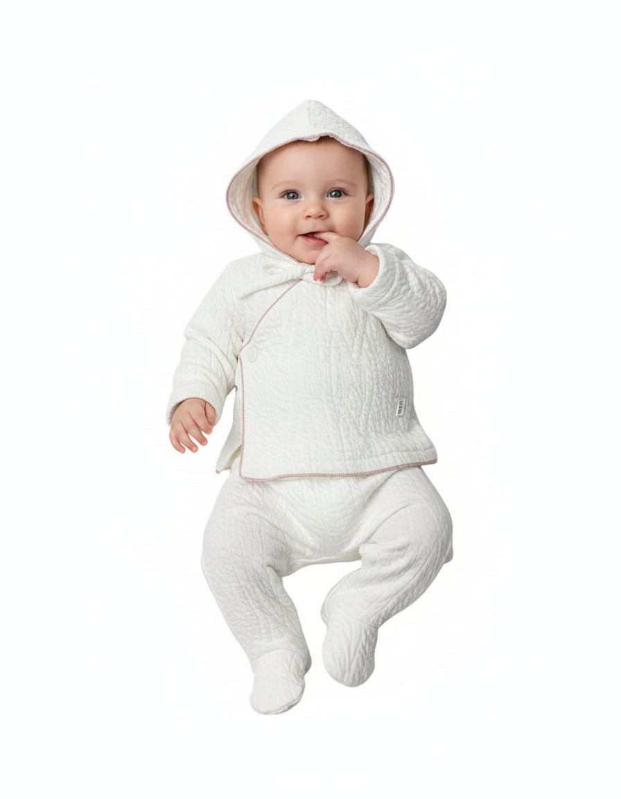 Latte mock wrap jacquard footie and bonnet with diamond pearl button