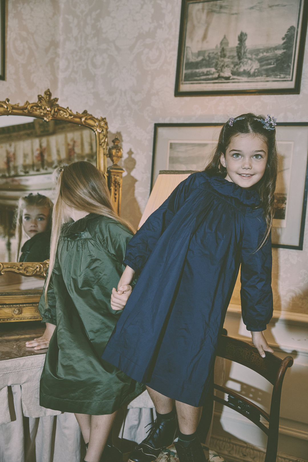 Jouet Green Taffeta Dress with Velvet Collar