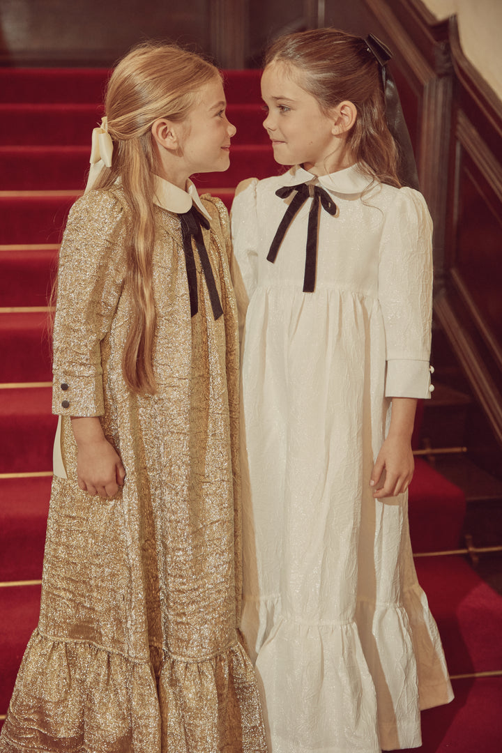 Jouet Gold Brocade Maxi Dress with Collar & Bow