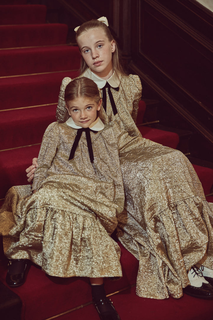 Jouet Gold Brocade Maxi Dress with Collar & Bow