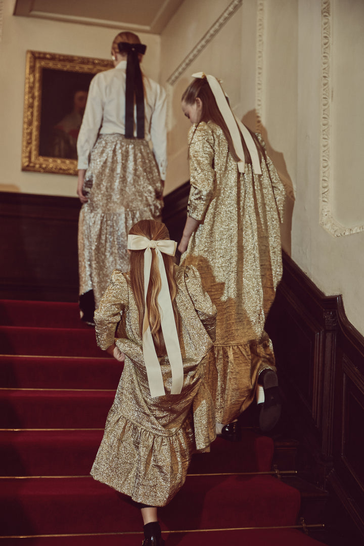 Jouet Gold Brocade Maxi Dress with Collar & Bow