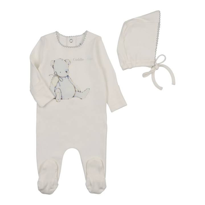 Bee &amp; Dee Chalk White Cuddle Time Footie and Bonnet Set Boys Minimalist Boutique Newborn Toddler Outfit