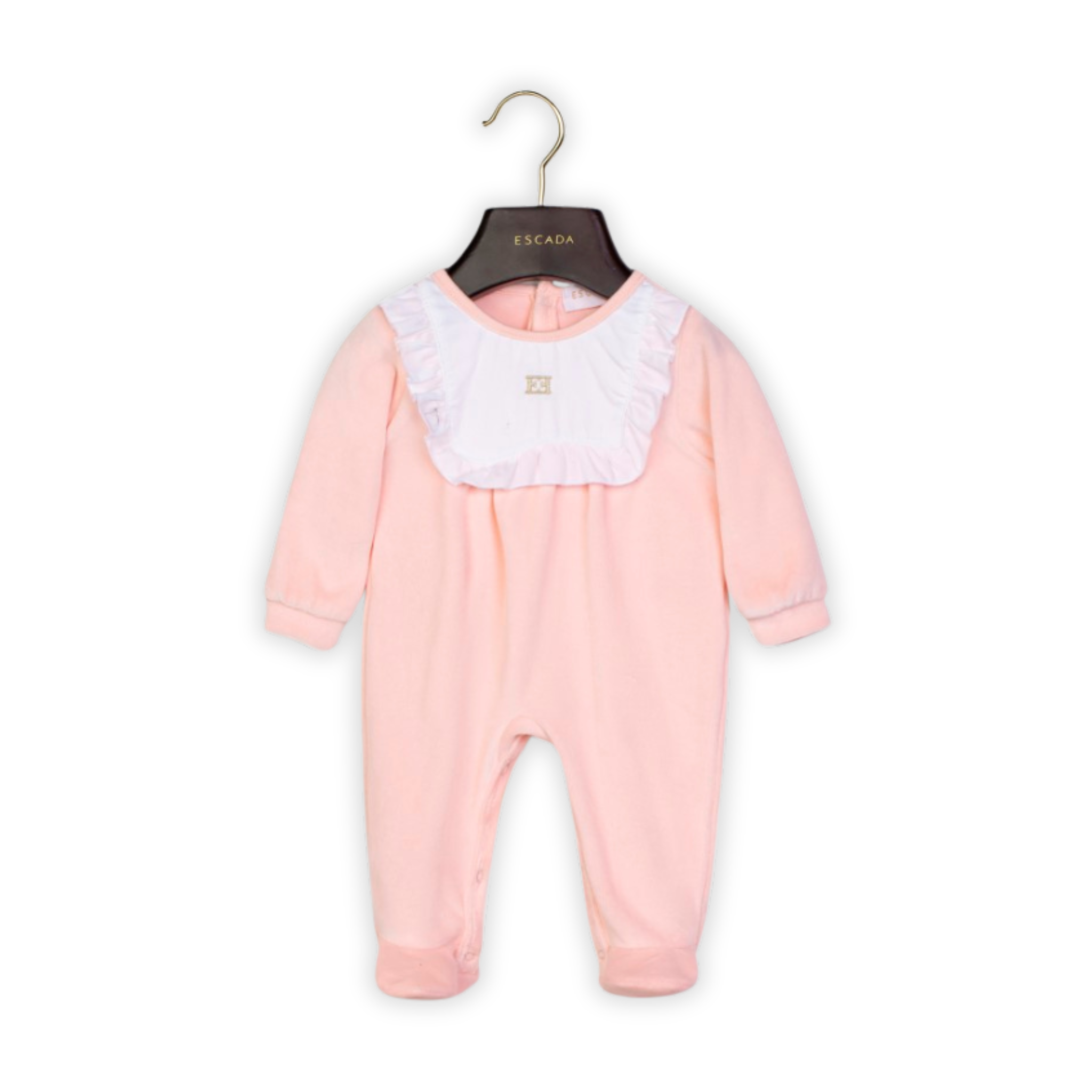 escada baby footie white ruffle bib hot pink