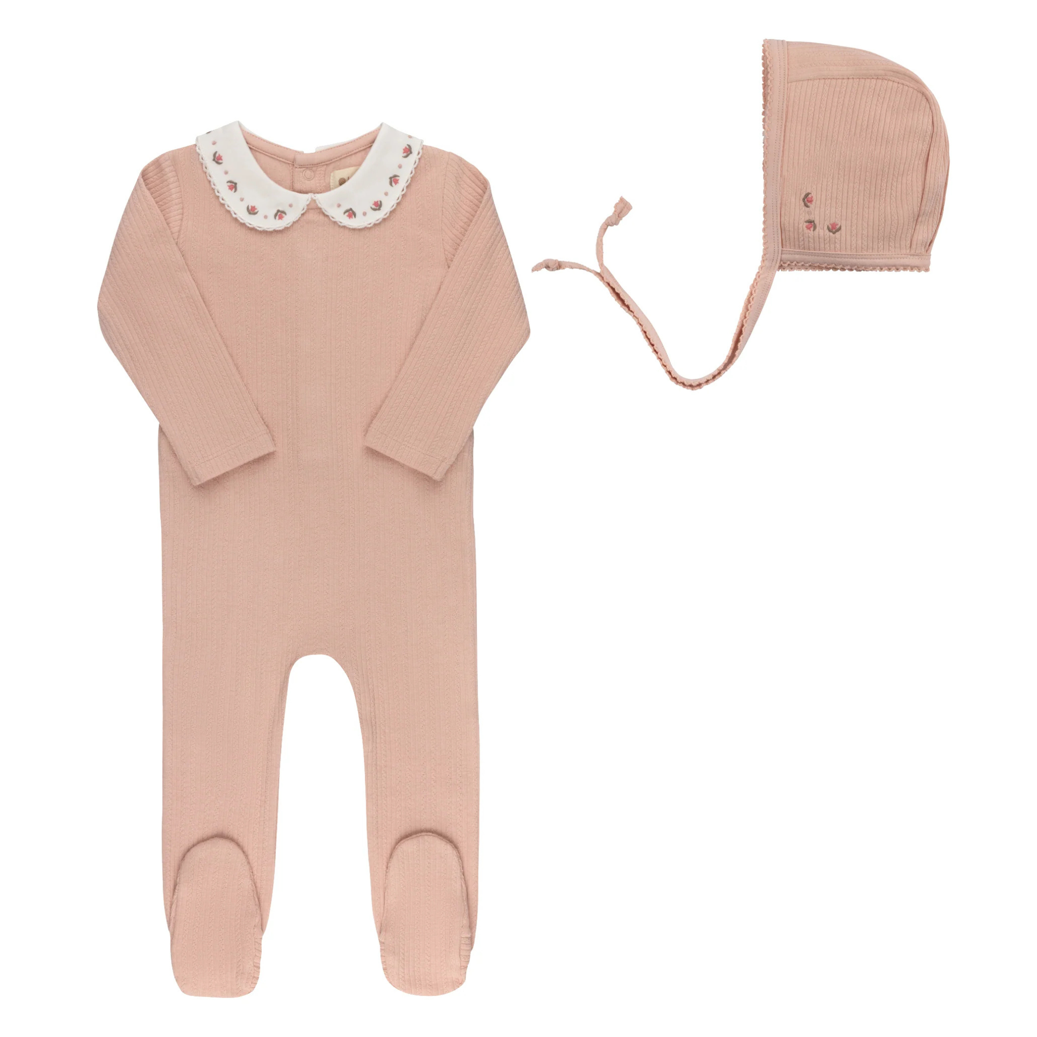 Ely’s & Co. – Pink Embroidered Trim Collection Footie + Bonnet