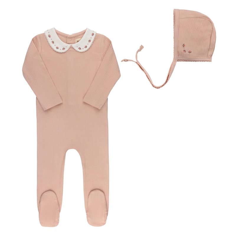 Ely’s & Co. – Pink Embroidered Trim Collection Footie + Bonnet