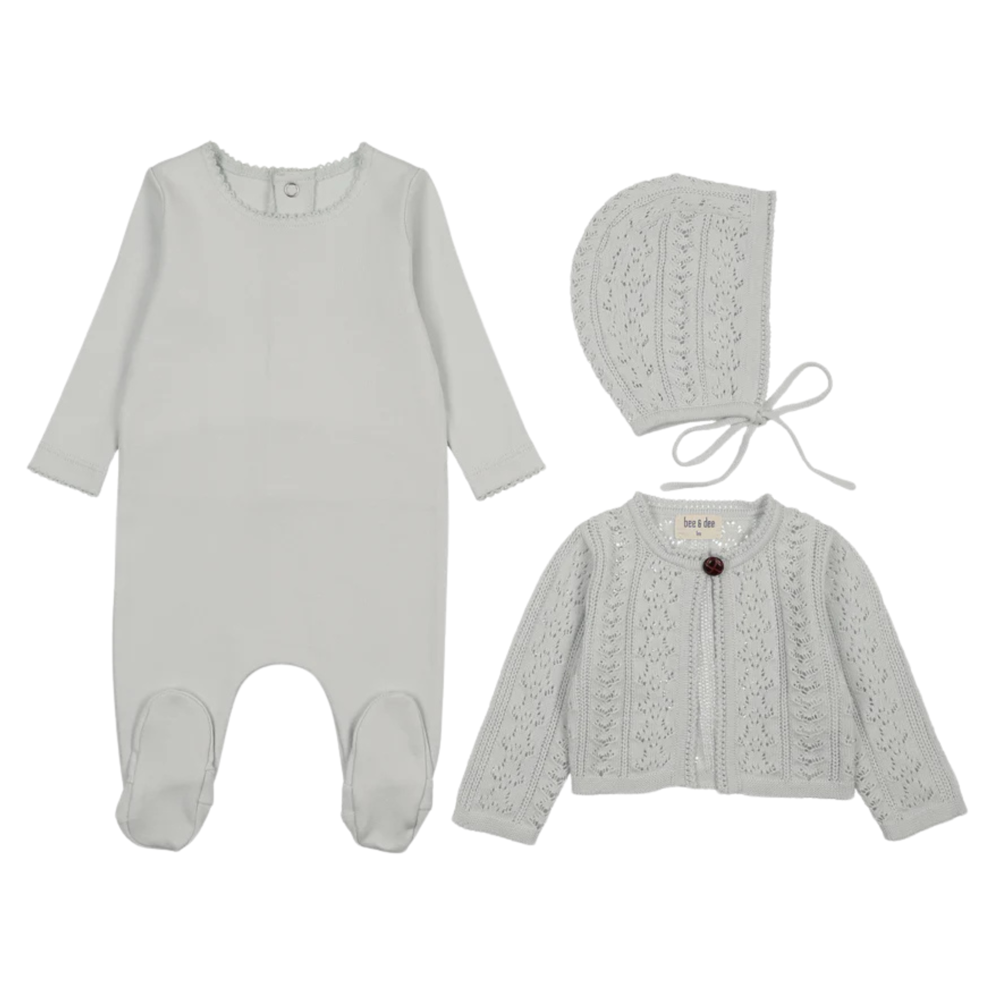 Bee & Dee Dusty Blue Intricate Knit Footie and Bonnet Set Elegant Minimalist Boutique Newborn Toddler Outfit