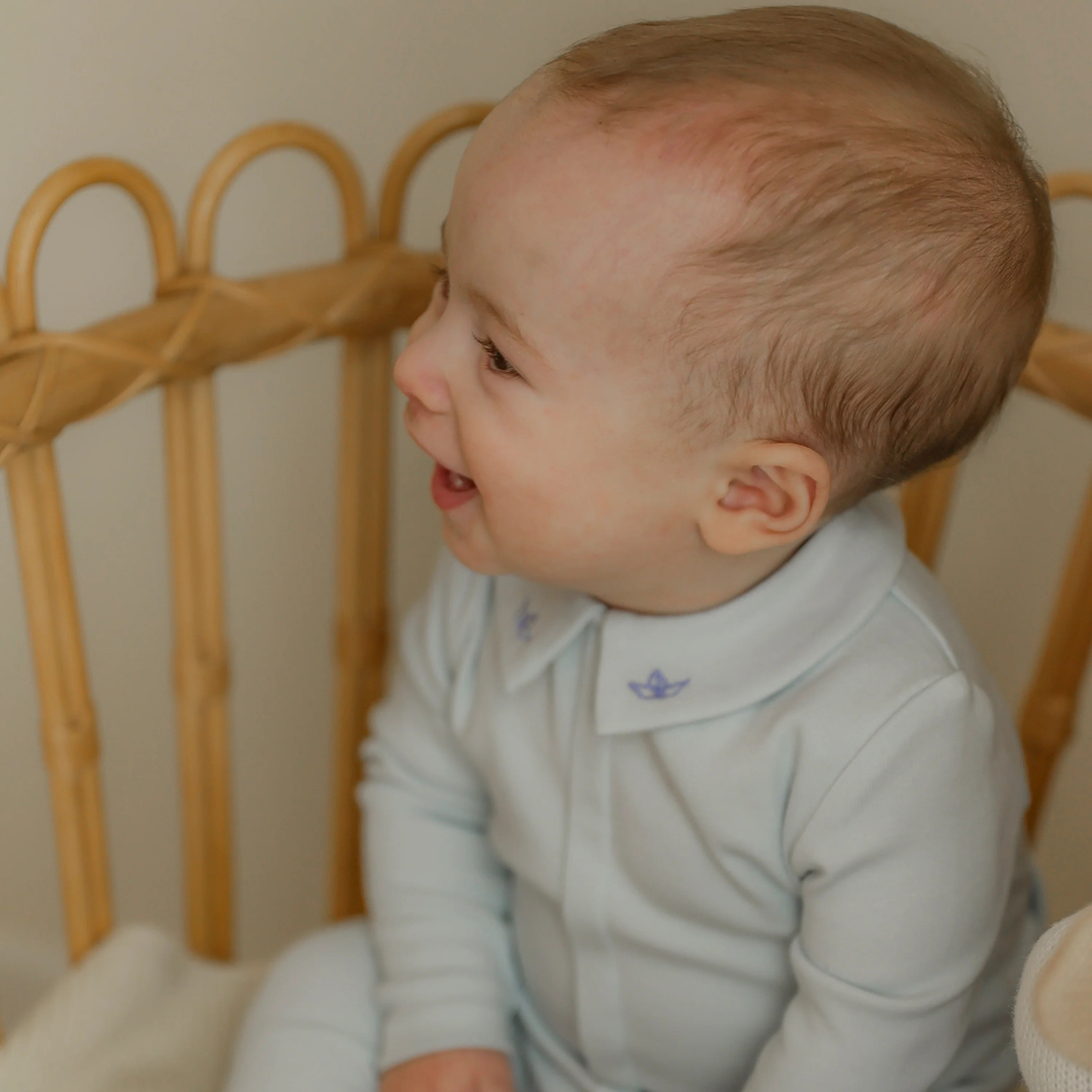 Bebe Bella – Moonstone Blue Cotton Rib Modal Fake Front Opening Onesie