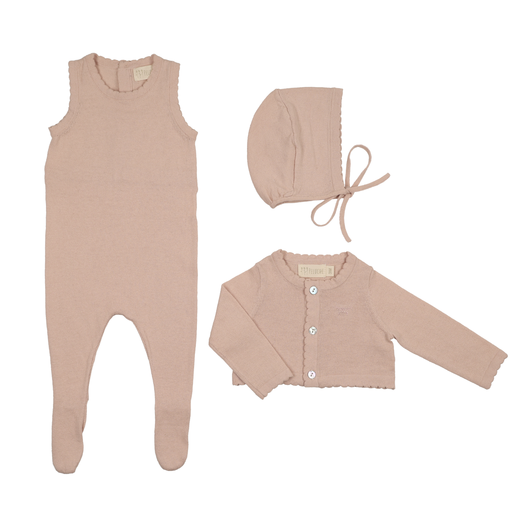 Peluche Bebe Knit Jumpsuit Cropped Cardigan Bonnet Set Neutral