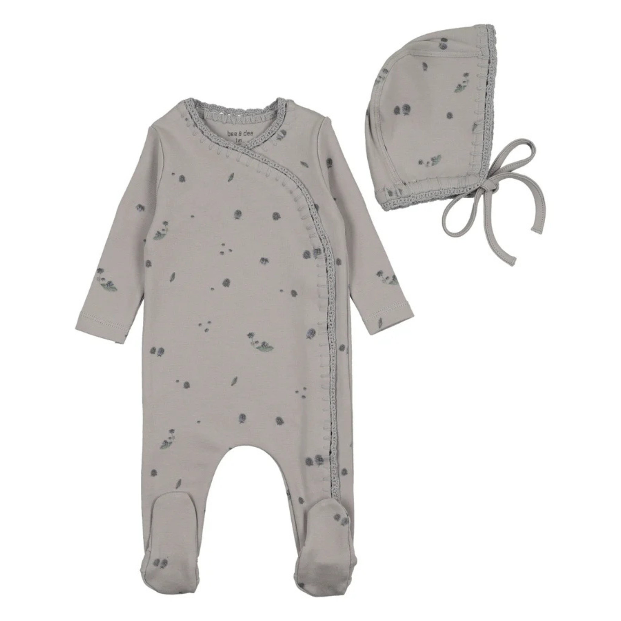 Bee & Dee Pale Blue Sweet Berry Knit Footie and Bonnet Set Elegant Minimalist Boutique Newborn Toddler Boys Outfit