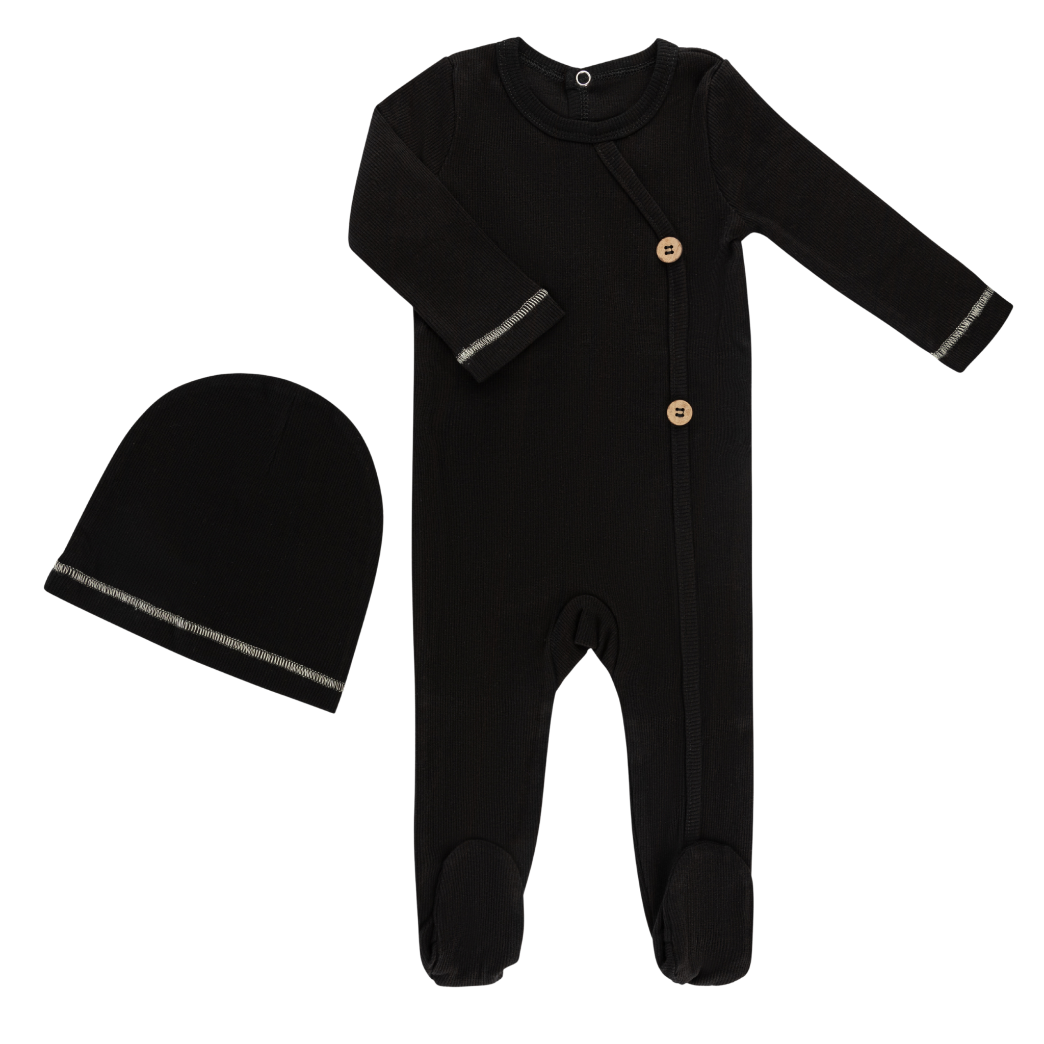 Little Label Weekend Footie & Hat Set (Buttons) – Black Cotton Essentials at Little Loungers