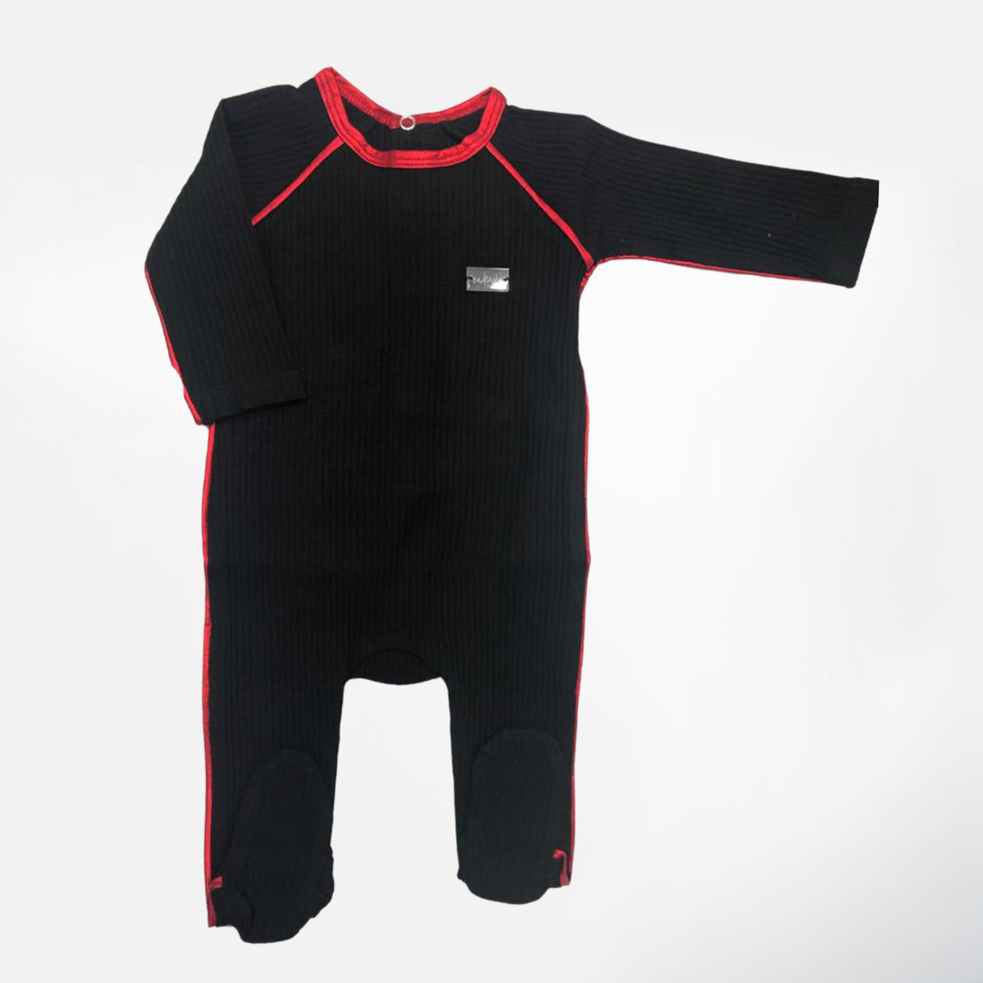 Cadeau Black Ribbed Baby Footie – Red & Gold Trim Onesie