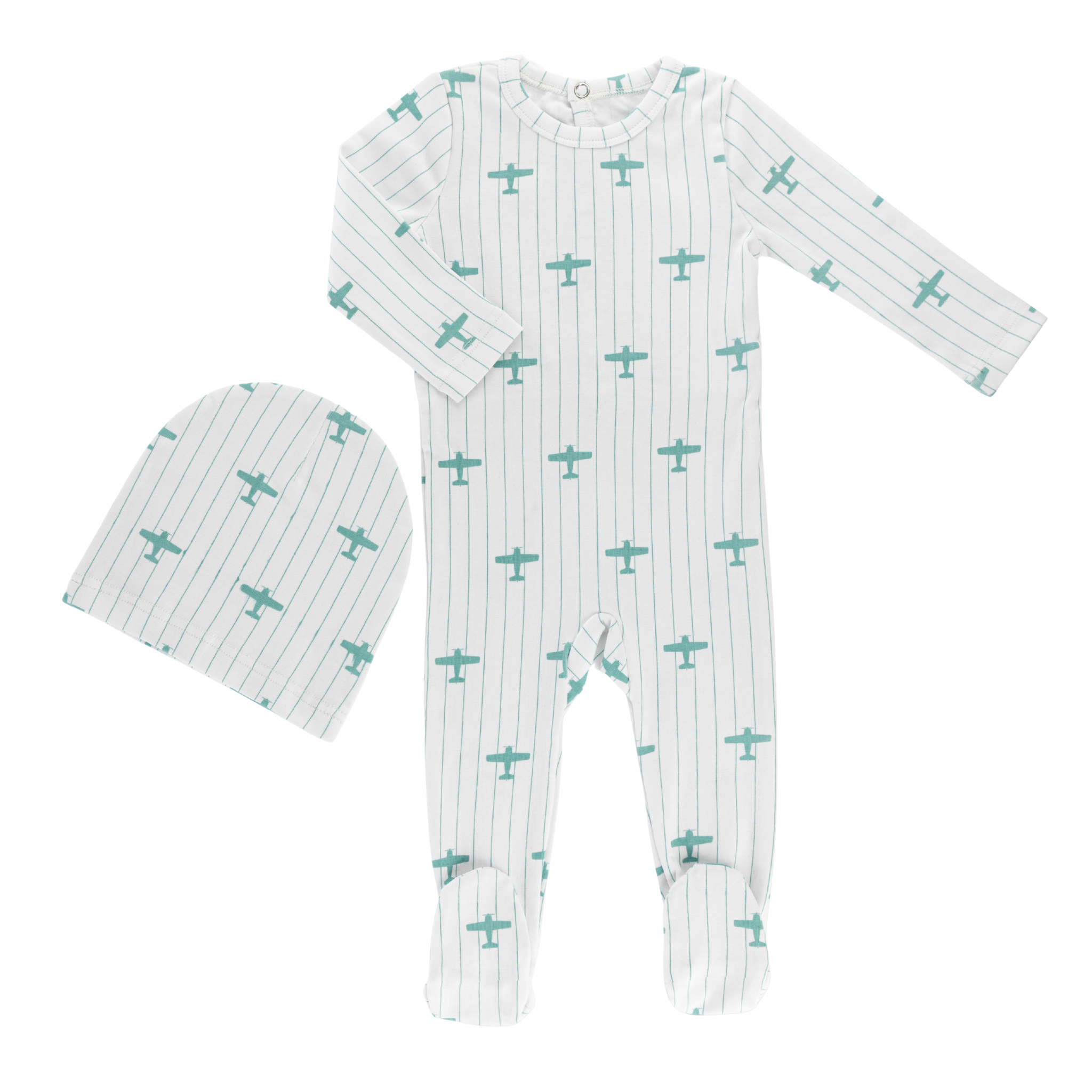 Little Label – Blue Airplane Printed Footie & Hat Set (Light Blue Cotton)