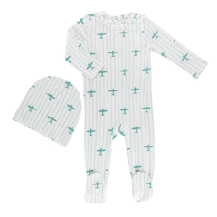 Little Label – Blue Airplane Printed Footie & Hat Set (Light Blue Cotton)