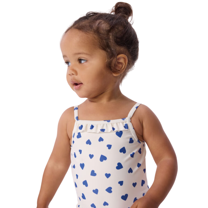 Petit Bateau - Girl Heart Print Swimsuit with Ruffles