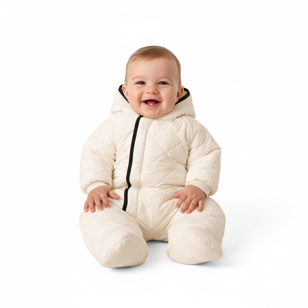 Diamond Shape Quilted Baby Bunting – White/Black | Cozy Winter Infant Suit | Mantel