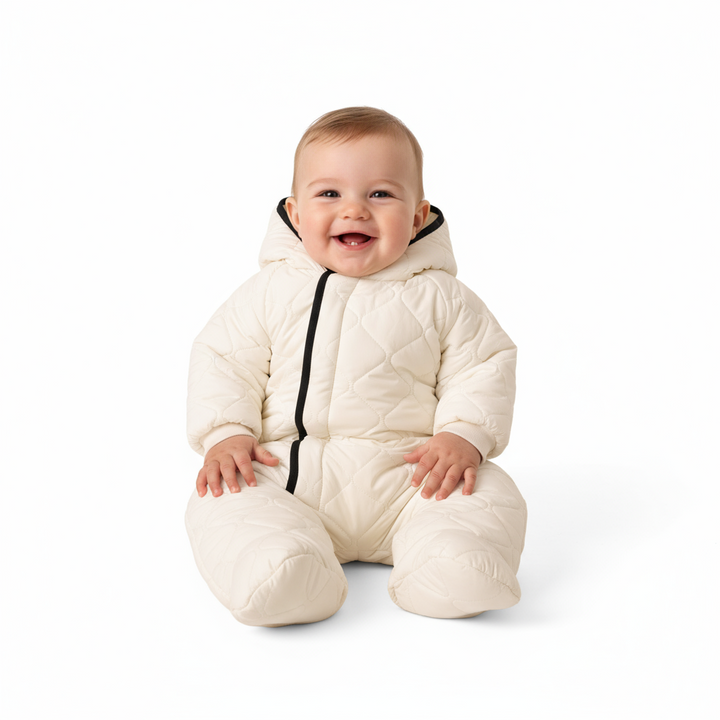 Diamond Shape Quilted Baby Bunting – White/Black | Cozy Winter Infant Suit | Mantel