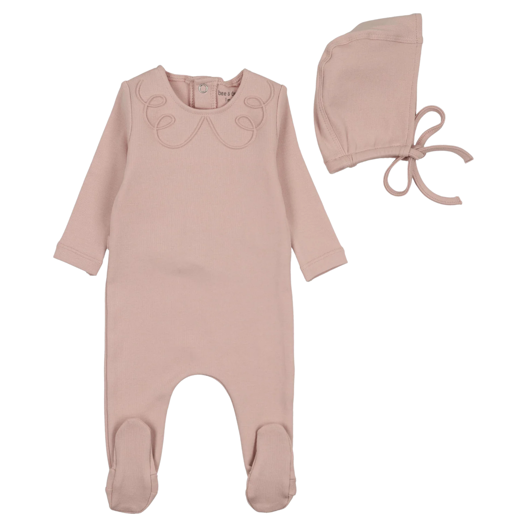Bee &amp; Dee Rose Embossed Collar Footie and Bonnet Set Vintage Style Pink Newborn Toddler Outfit