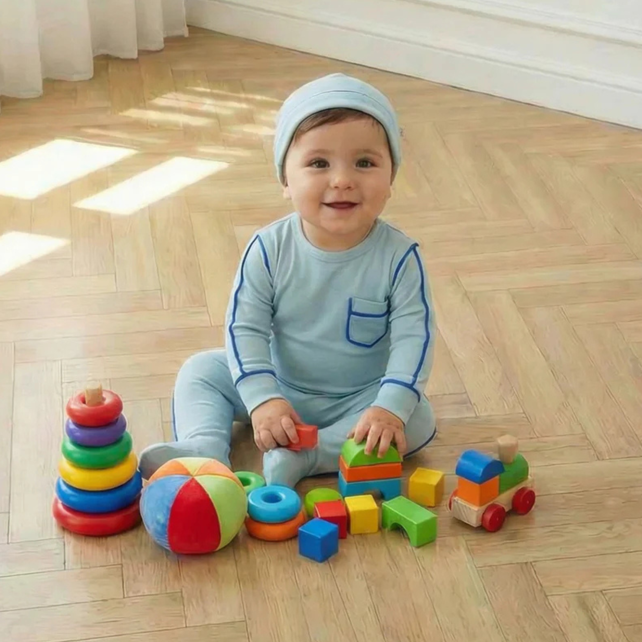 Dottie Lou - Blue Piping Footie Set