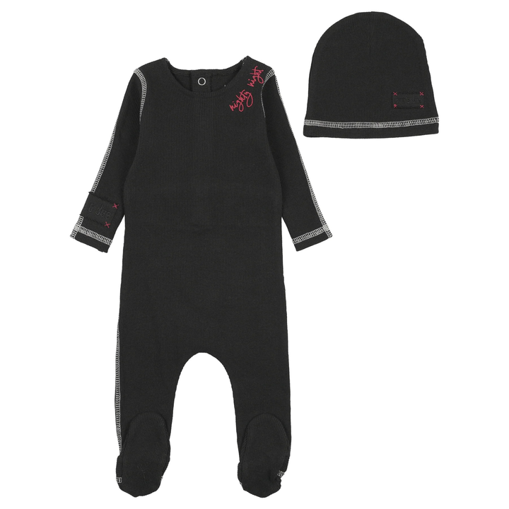 Bee &amp; Dee Black Contrast Footie and Beanie Set Premium Minimalist Newborn and Toddler Outfit