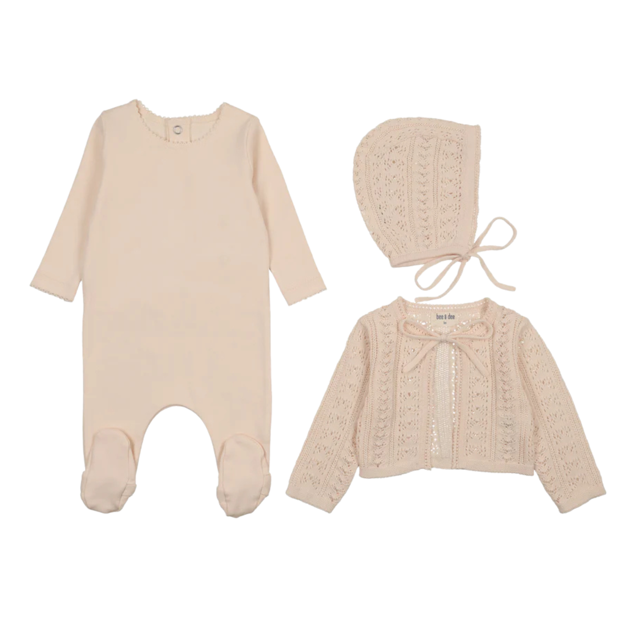 Bee & Dee Champagne Pink Intricate Knit Footie and Bonnet Set Elegant Romantic Boutique Newborn Toddler Outfit