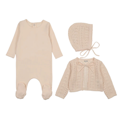 Bee & Dee Champagne Pink Intricate Knit Footie and Bonnet Set Elegant Romantic Boutique Newborn Toddler Outfit