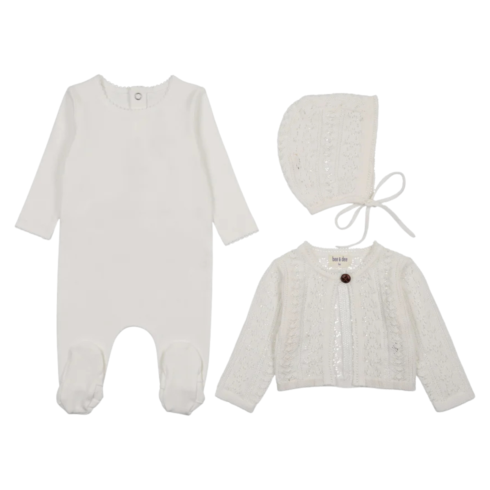 Bee & Dee Chalk White Intricate Knit Footie and Bonnet Set Elegant Minimalist Boutique Newborn Toddler Outfit