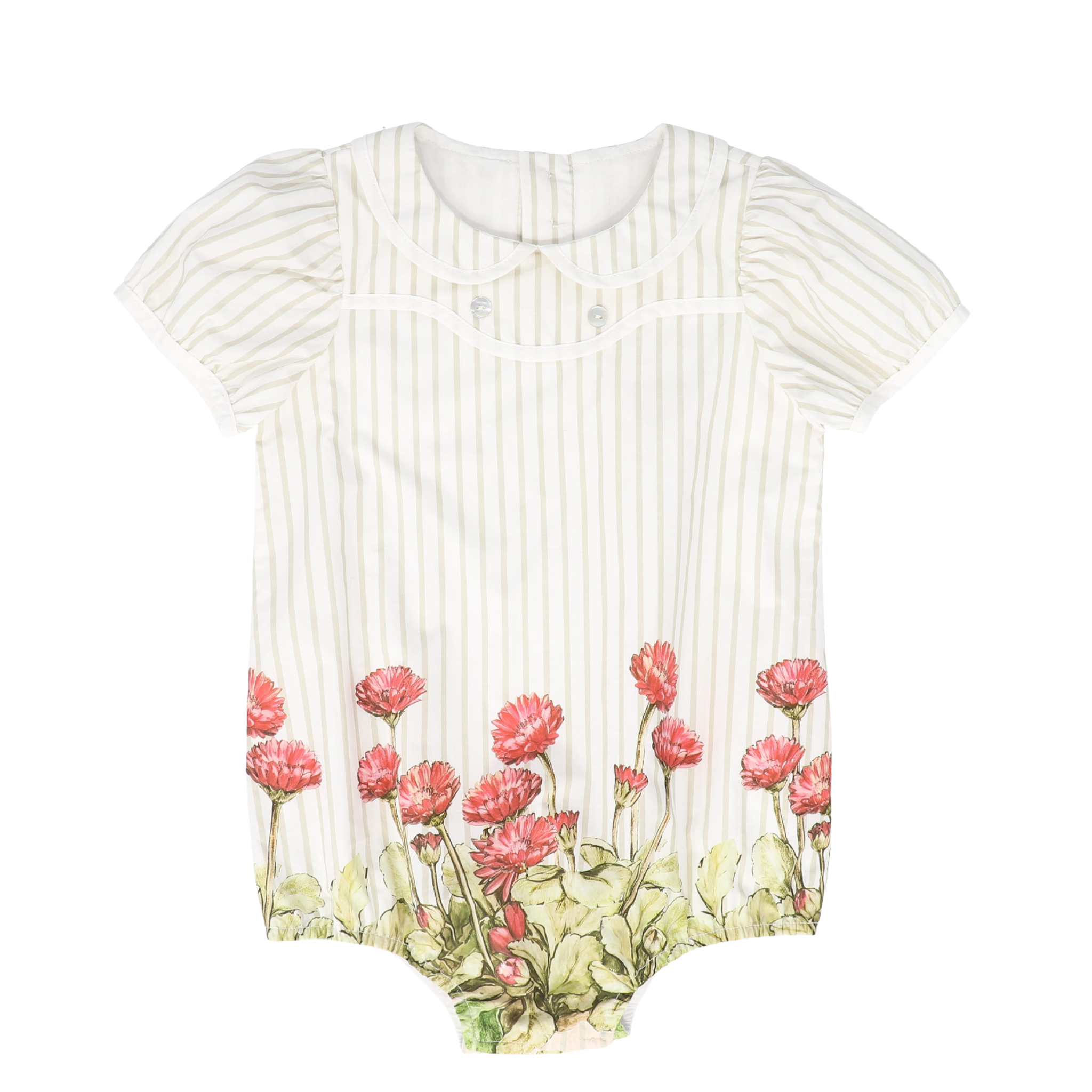 Striped Floral Collar Romper - White/Tan