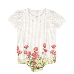 Striped Floral Collar Romper - White/Tan