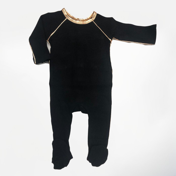 Cadeau Black Ribbed Baby Footie – Red & Gold Trim Onesie