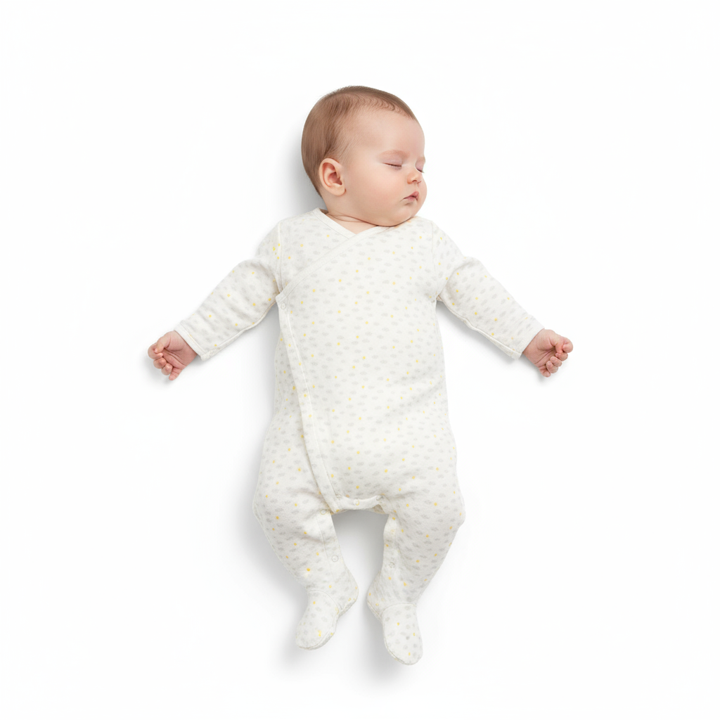 Baby in a white textured onesie lying on a white background