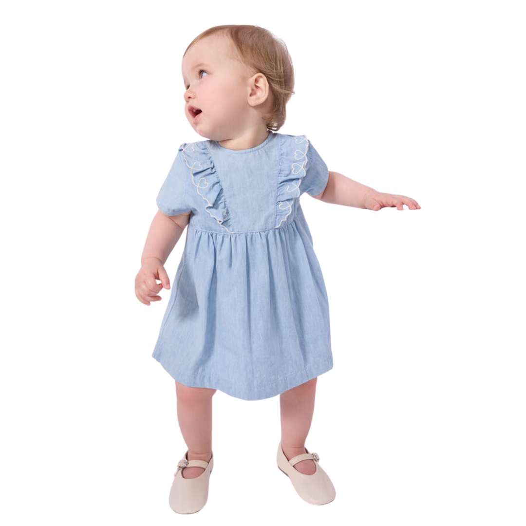 Petit Bateau Baby Girl SS Chambray Dress With Ruffles