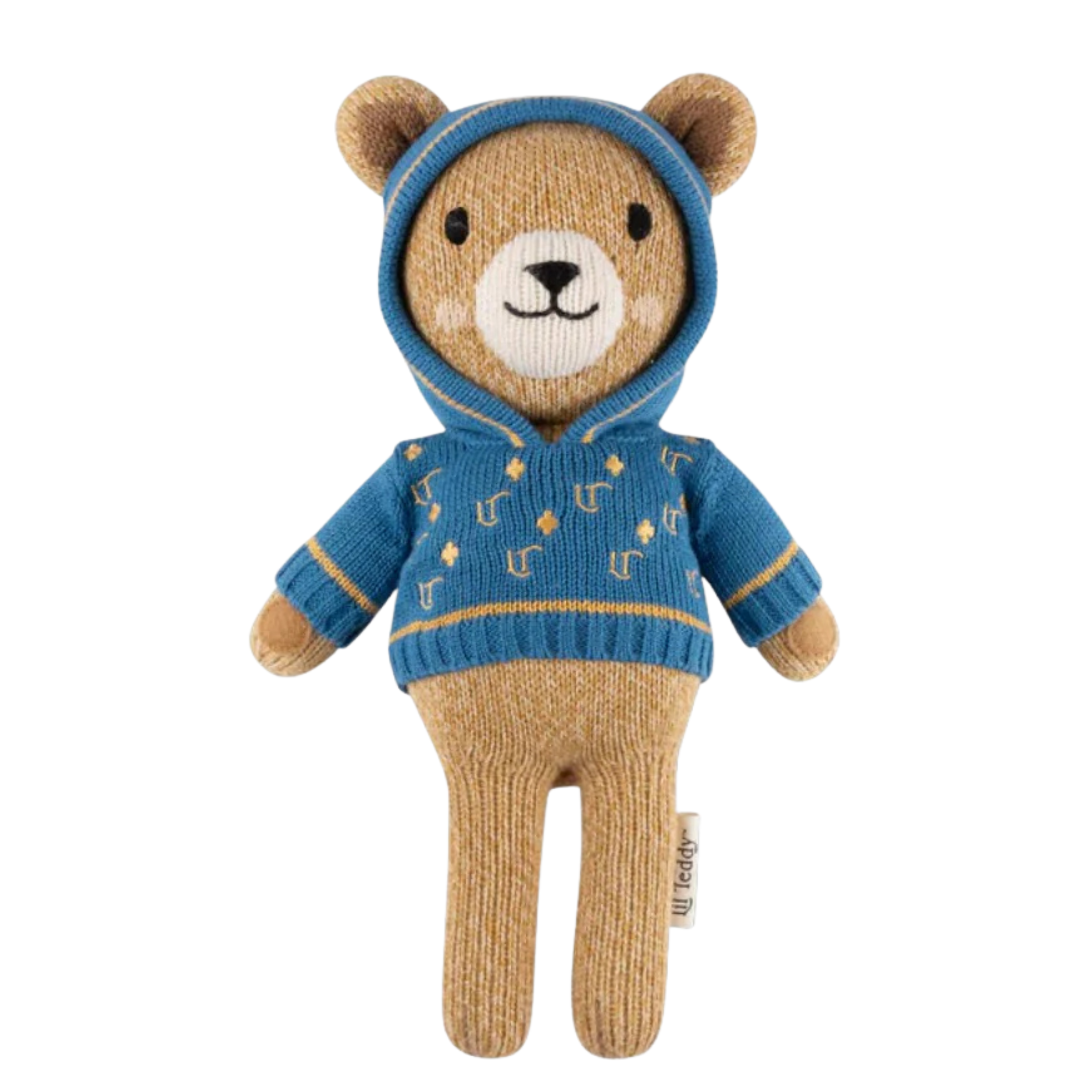 Teddy bear toy wearing a blue hoodie with star patterns on a white background
