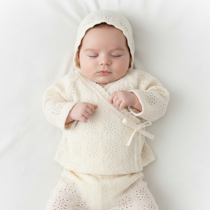 Newborn baby wearing a cream-colored knitted outfit with a hood on a white background