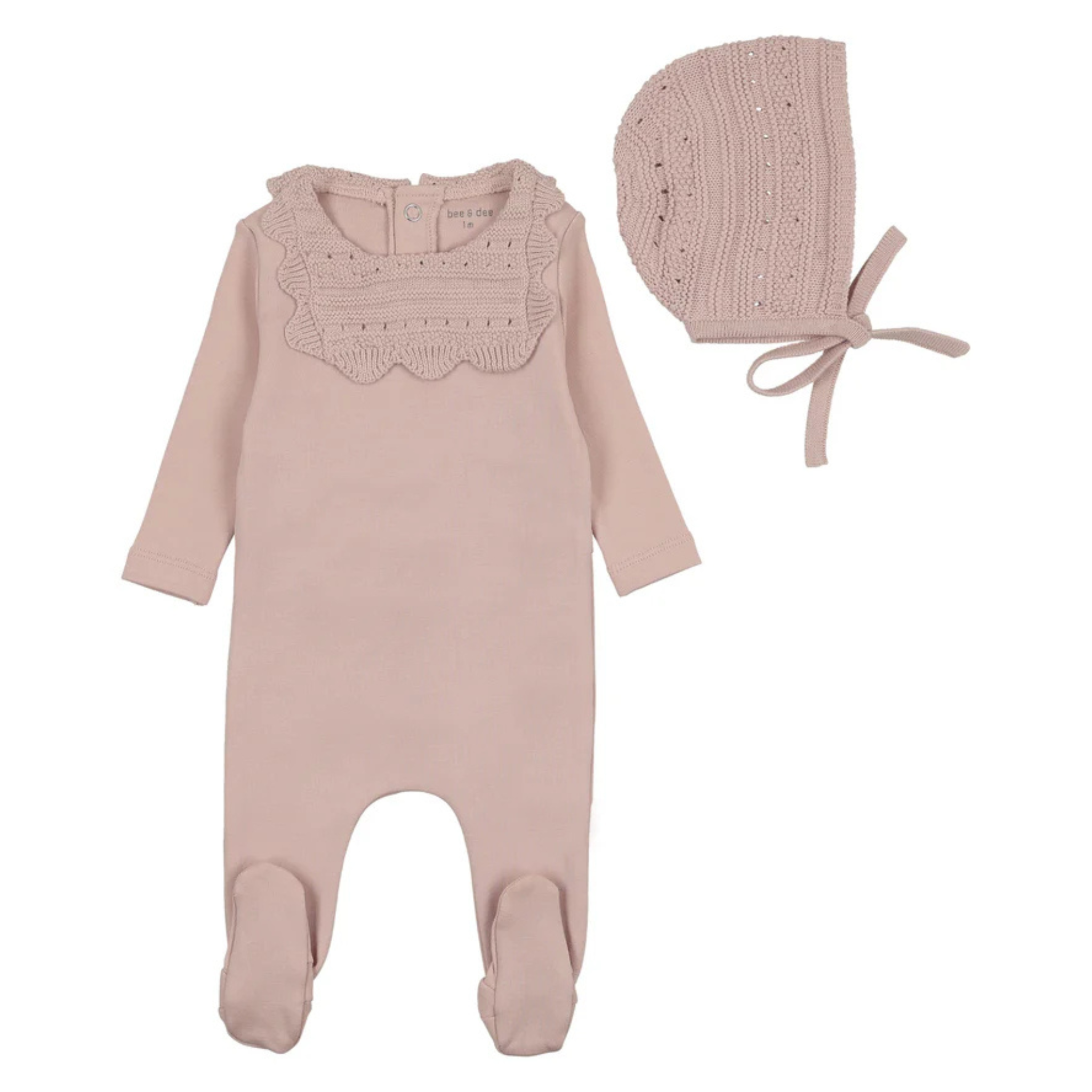 Bee & Dee Cloud Pink Knit Bibette Footie Elegant Textured Blush Pink Newborn Toddler Outfit