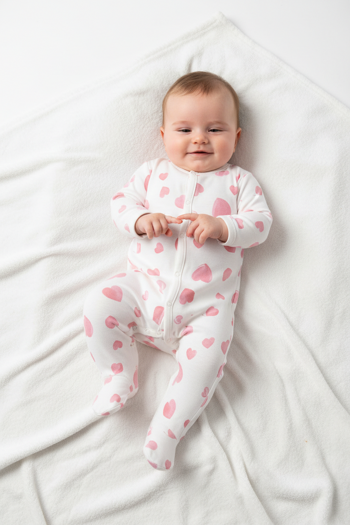 snap heart print footie, soft cotton newborn sleepsuit and infant pajamas