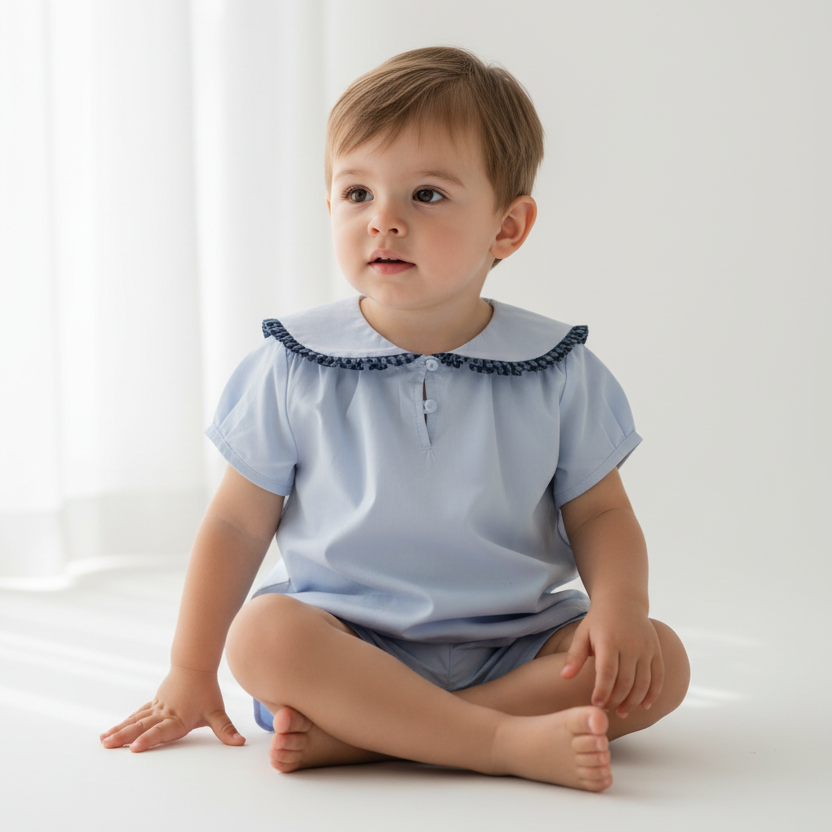 Child wearing a light blue shirt with a collar on a white background