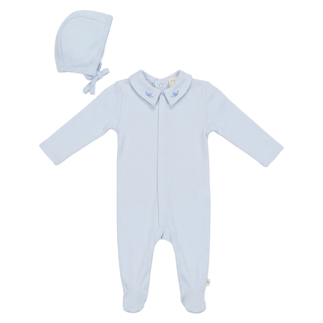 Bebe Bella Moonstone Blue Cotton Rib Modal Fake Front Opening Onesie Boys Minimalist Boutique Newborn Infant Bodysuit
