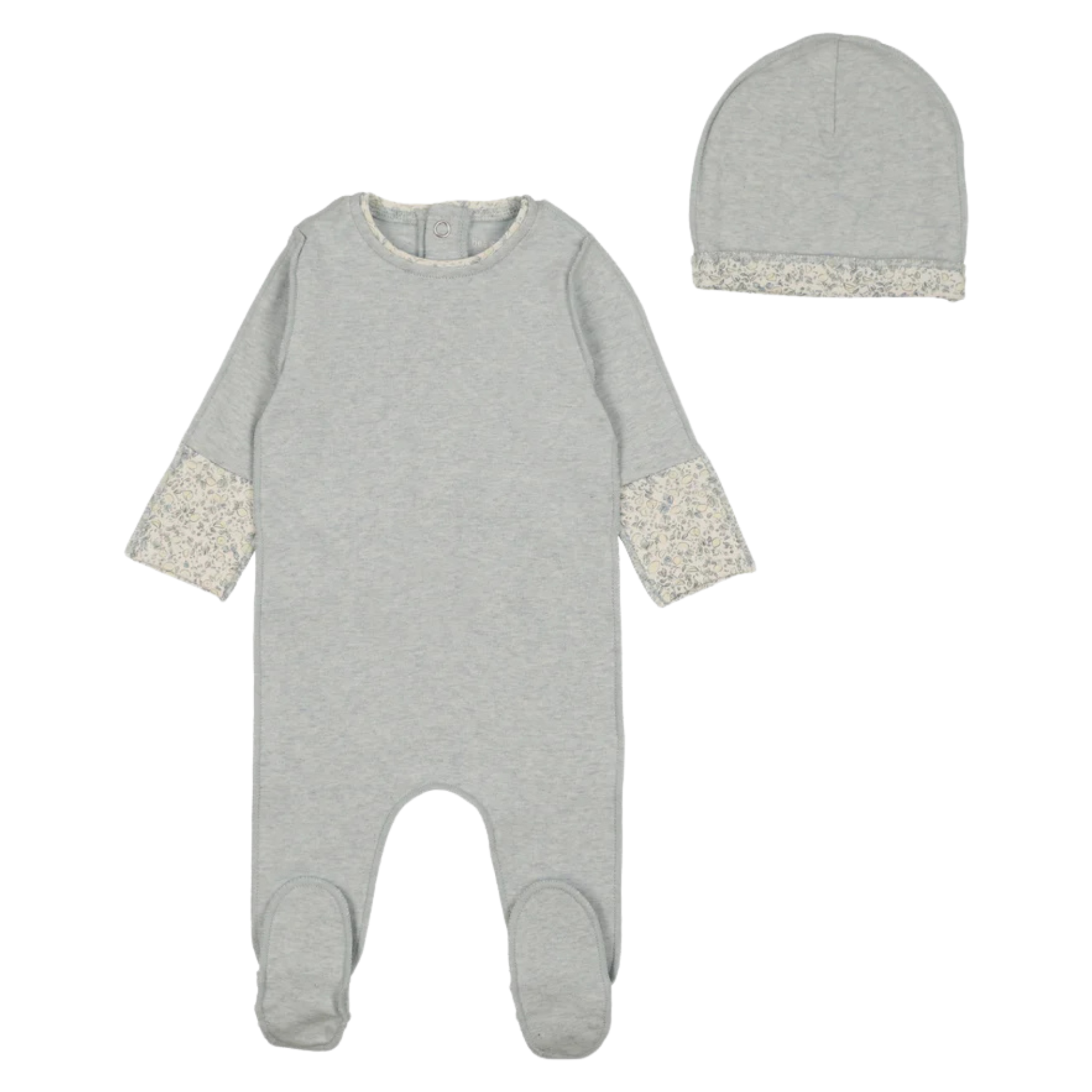 Bee & Dee Heathered Blue Lemon Print Cuffs Footie and Beanie Set Whimsical Minimalist Boutique Newborn Toddler Boys Outfit